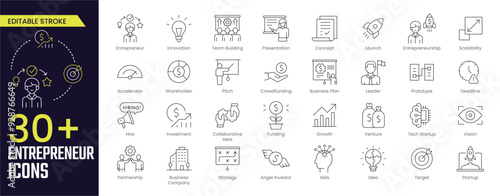 Entrepreneur Stroke icon collections. Containing clerk, task, idea, startup, unicycle, man, businesswoman, businessman, tasks. Editable Stroke icon collection Outline icon