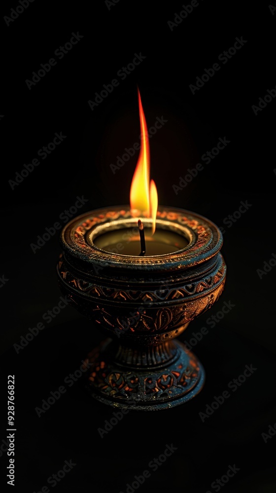 Single Ornate Diya Lamp Illuminating the Darkness with Vibrant Colors and Peaceful Celebration on Black Background, diwali Single Ornate Diya Lamp Illuminating the Darkness with Vibrant Colors and Peaceful Celebration on Black Background, diwali