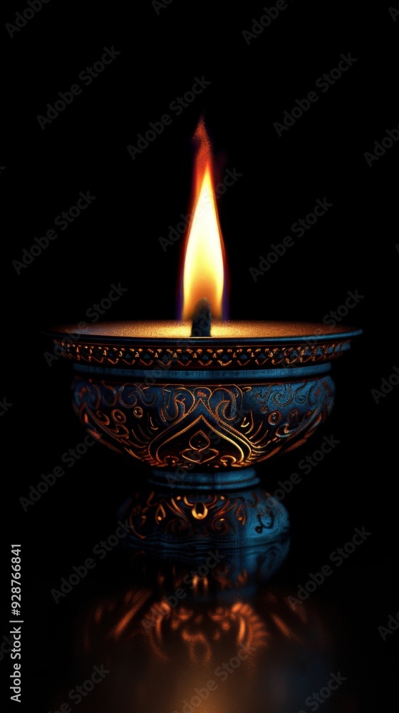 Single Ornate Diya Lamp Illuminating the Darkness with Vibrant Colors and Peaceful Celebration on Black Background, diwali Single Ornate Diya Lamp Illuminating the Darkness with Vibrant Colors and Peaceful Celebration on Black Background, diwali