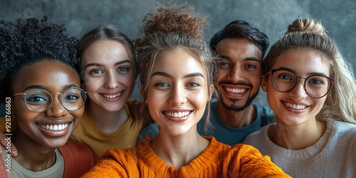 A diverse group of people taking multiple selfies together in a row, Generative AI