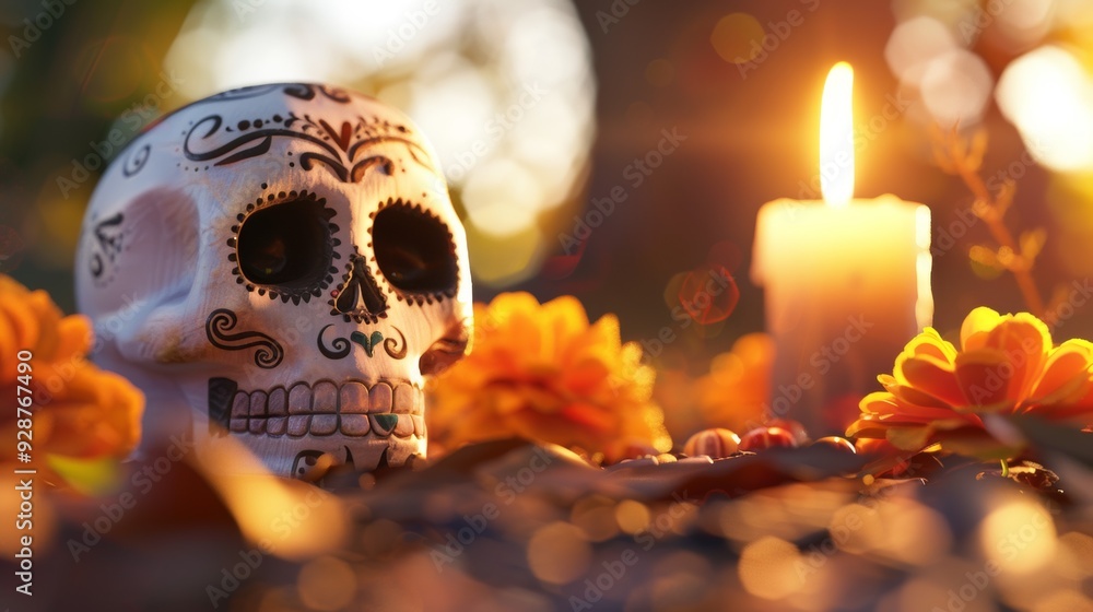 A white skull is placed on a table with a candle and orange flowers A white skull is placed on a table with a candle and orange flowers