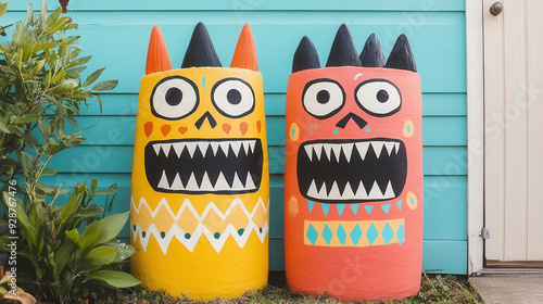 Yard with DIY monster statues, vibrant colors, comic-style illustration  photo