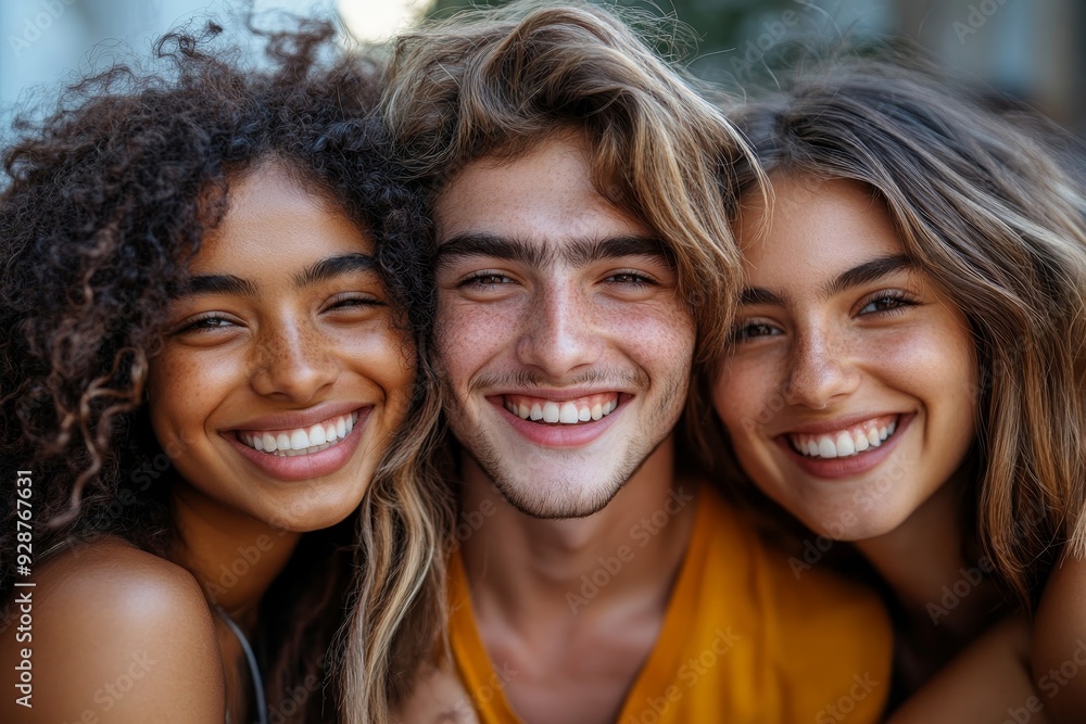 Portrait group of happy multiracial young friends hugging each other outdoors - International friendship concept, Generative AI Portrait group of happy multiracial young friends hugging each other outdoors - International friendship concept, Generative AI