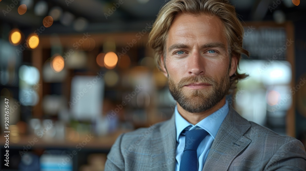 Confident man in a suit poses with arms crossed in a stylish café setting during daytime Confident man in a suit poses with arms crossed in a stylish café setting during daytime