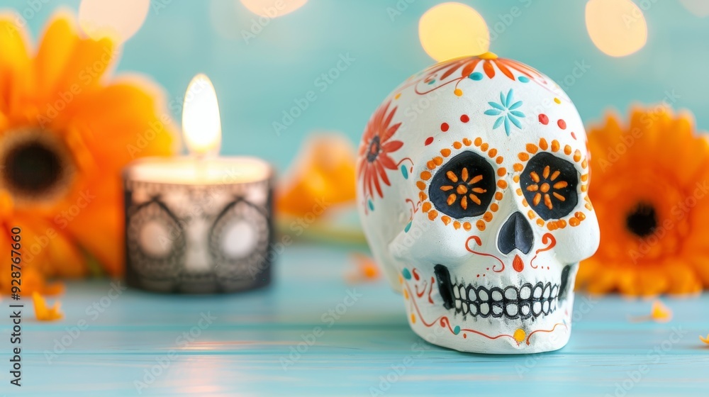 A skull with flowers and candles on a table A skull with flowers and candles on a table