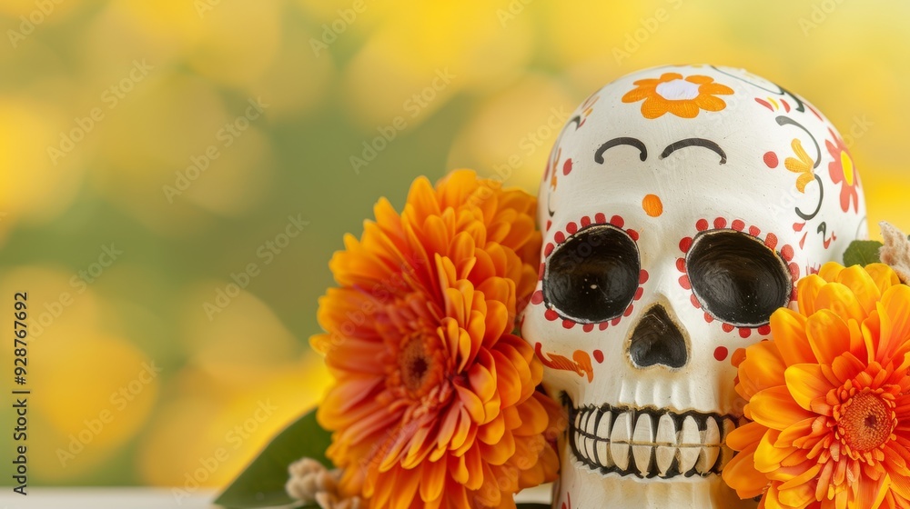 A skull is surrounded by orange flowers and leaves A skull is surrounded by orange flowers and leaves