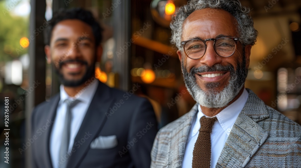 Two confident men smiling outdoors, dressed in suits, during a sunny day at a trendy café Two confident men smiling outdoors, dressed in suits, during a sunny day at a trendy café