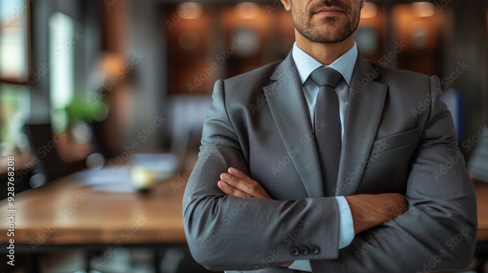 Businessman in a suit standing confidently with arms crossed in a modern office setting during the day Businessman in a suit standing confidently with arms crossed in a modern office setting during the day