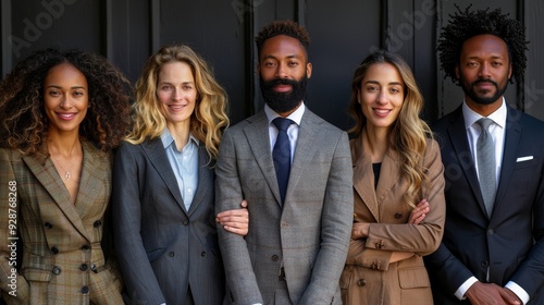 Professional diverse group of individuals in formal attire posing together outside an office building during daytime