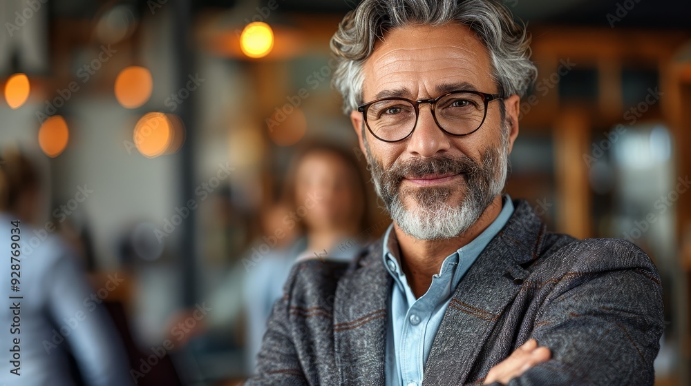 Confident mature man with glasses poses in a stylish café during the day Confident mature man with glasses poses in a stylish café during the day