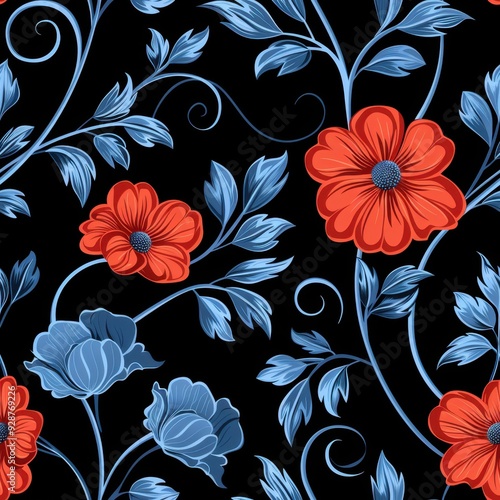 Seamless Black and Blue Floral Pattern with a Single Red Flower, Ideal for Creative Backgrounds

