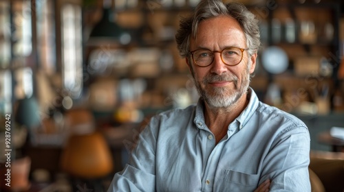 A middle-aged man with glasses smiles warmly in a cozy, modern café filled with wooden decor and soft lighting during the afternoon