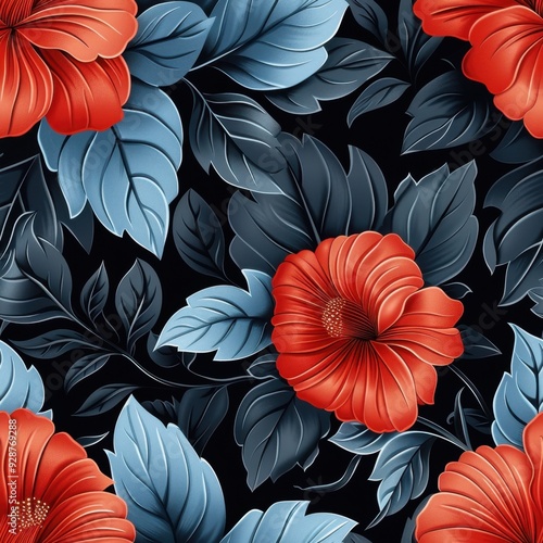 Seamless Black and Blue Floral Pattern with a Single Red Flower, Ideal for Creative Backgrounds

