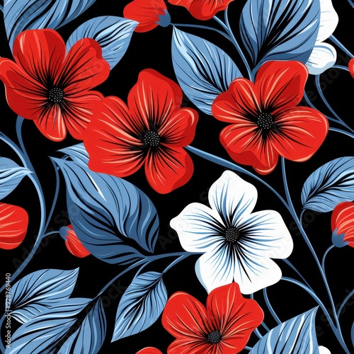 Seamless Black and Blue Floral Pattern with a Single Red Flower, Ideal for Creative Backgrounds

