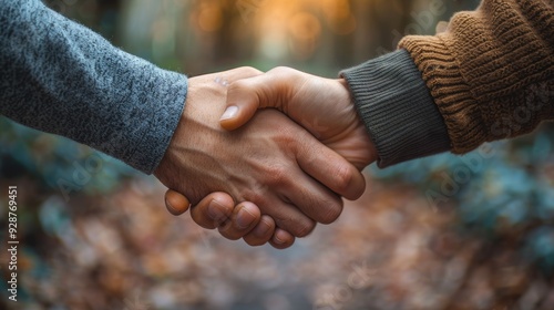 Wallpaper Mural Two people shaking hands in a forest during autumn, symbolizing agreement and collaboration Torontodigital.ca