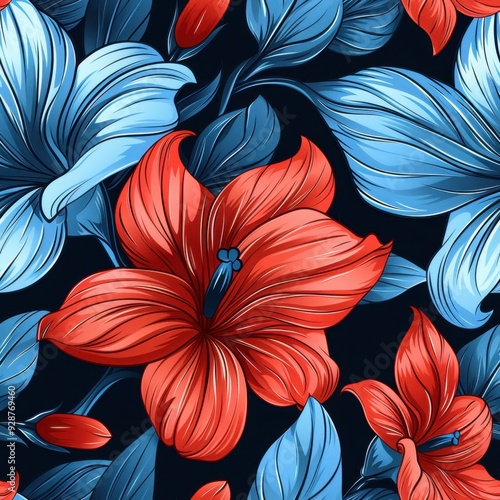 Seamless Black and Blue Floral Pattern with a Single Red Flower, Ideal for Creative Backgrounds

