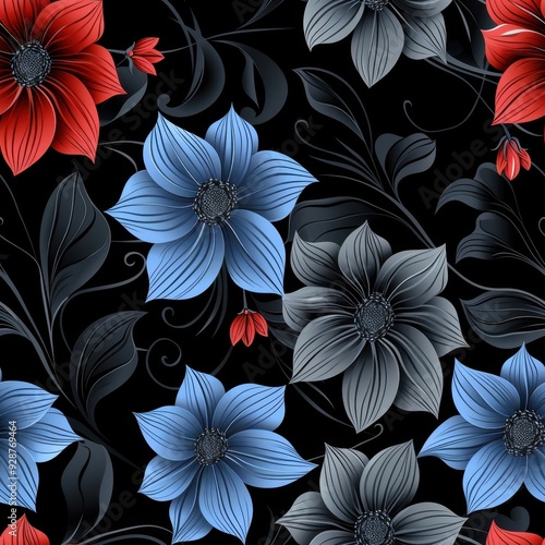 Seamless Black and Blue Floral Pattern with a Single Red Flower, Ideal for Creative Backgrounds


