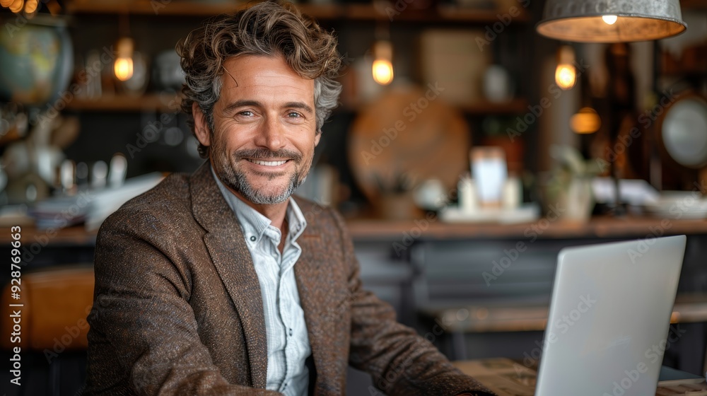 A man with curly hair smiles while working on a laptop in a cozy café during the afternoon A man with curly hair smiles while working on a laptop in a cozy café during the afternoon