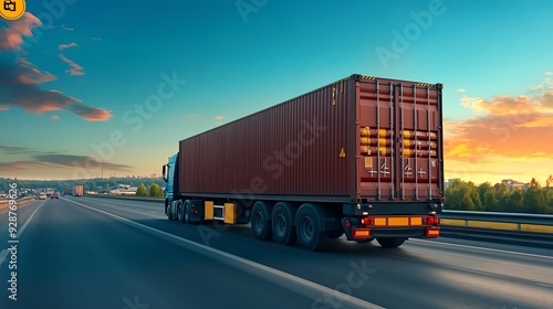 A vibrant sunset scene featuring a large truck transporting a shipping container on a highway, symbolizing logistics and transport.