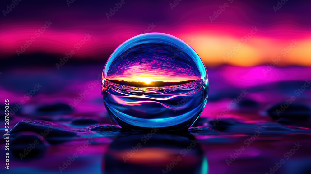 A large, clear, blue ball sits on a rocky beach at sunset A large, clear, blue ball sits on a rocky beach at sunset