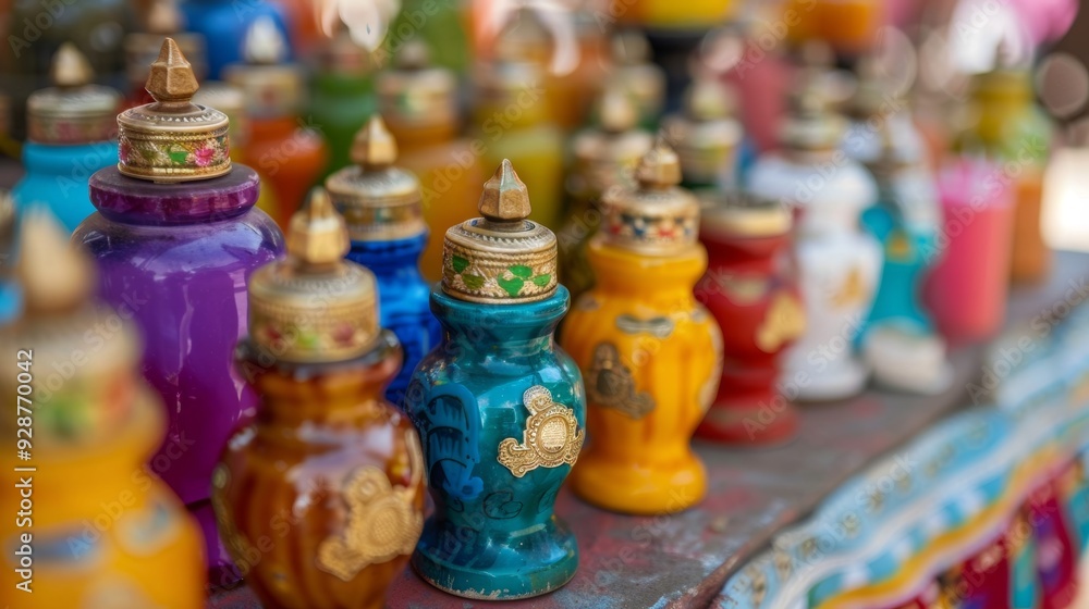 A table full of colorful vases and bottles A table full of colorful vases and bottles