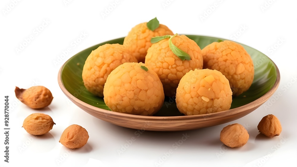 Indian dessert dish laddu alone against a white backdrop Indian dessert dish laddu alone against a white backdrop