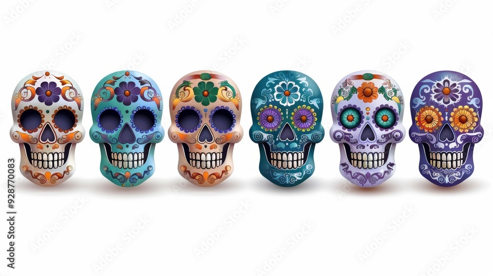 A row of colorful skulls with flowers on them A row of colorful skulls with flowers on them