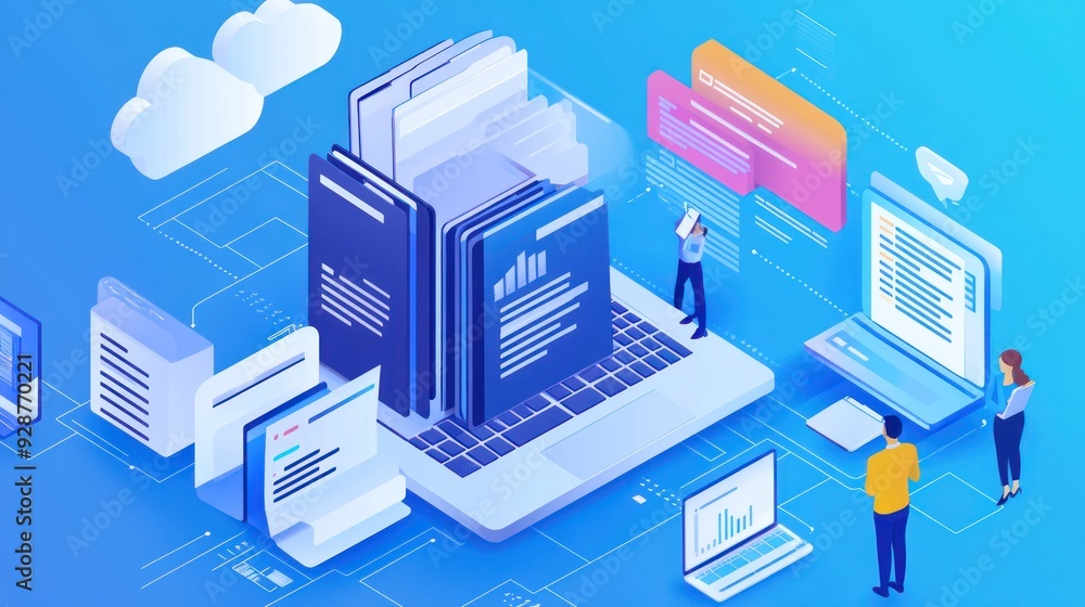 Isometric Illustration of People Working on a Cloud-Based Platform Isometric Illustration of People Working on a Cloud-Based Platform