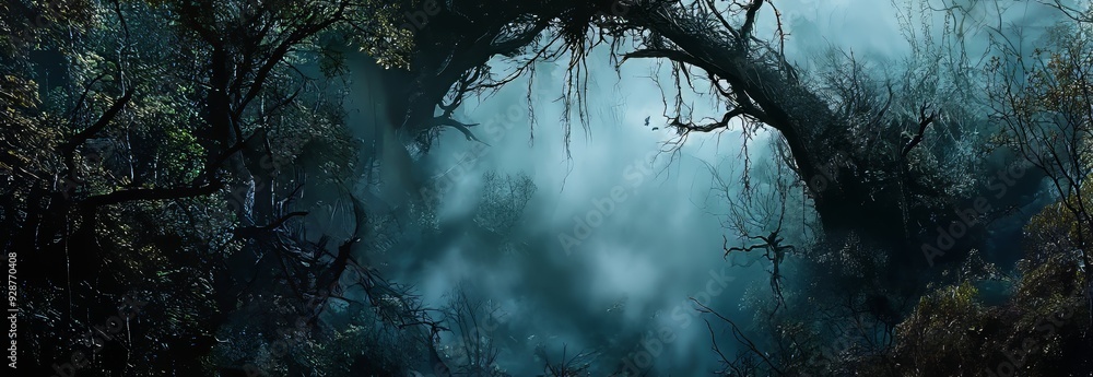 Luminous landscape with a magic forest, moon, and mysterious fantasy silhouette of branches at night. Luminous landscape with a magic forest, moon, and mysterious fantasy silhouette of branches at night.