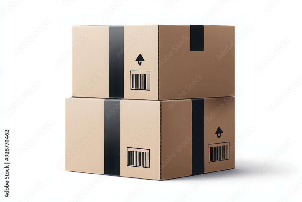 Two stacked cardboard boxes with black tape and barcodes, ideal for shipping and storage visuals. Two stacked cardboard boxes with black tape and barcodes, ideal for shipping and storage visuals.