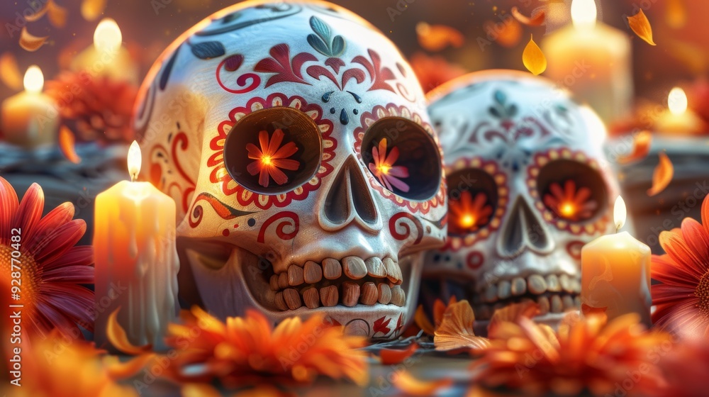 Two skulls with candles in front of them Two skulls with candles in front of them