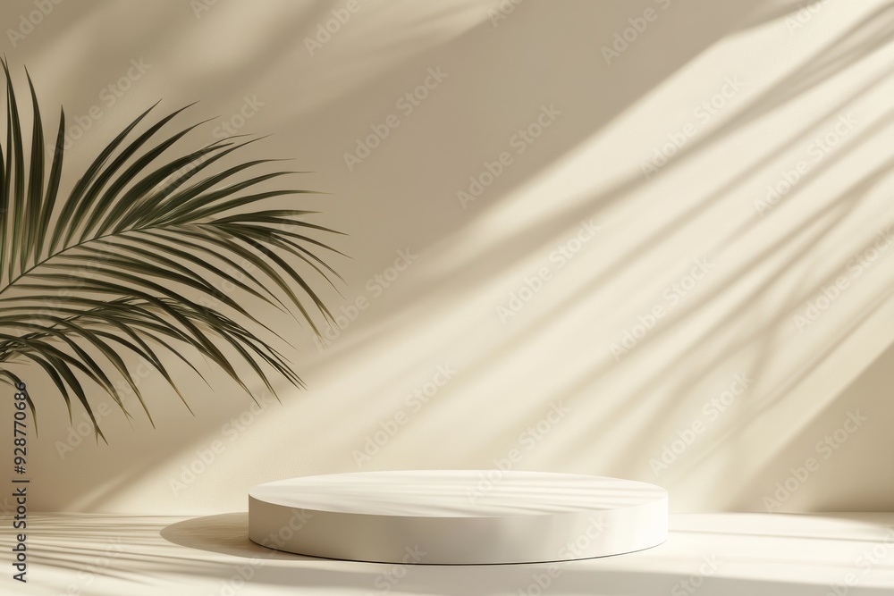 A soft beige backdrop and a sleek modern podium create the perfect setting for showcasing products. Shadows from tropical leaves enhance the elegance, creating a captivating, inviting atmosphere A soft beige backdrop and a sleek modern podium create the perfect setting for showcasing products. Shadows from tropical leaves enhance the elegance, creating a captivating, inviting atmosphere