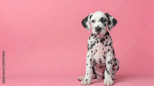 A cute Dalmatian puppy sitting on a solid pastel w  264 dog, dalmatian, pet, animal, white, puppy, black, canine, isolated, cute, mammal, breed, domestic, spotted, pets, purebred, spots, pedigree, por photo