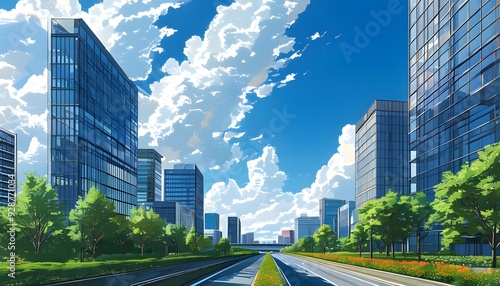 Under the blue sky and white clouds, the broad streets and high-rise buildings of modern cities are shaded by trees and have pleasant scenery. #928771034