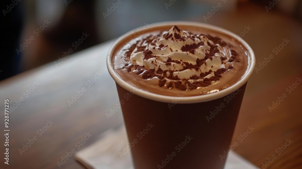 A warm cup of hot chocolate, crowned with whipped cream and chocolate shavings, sits on a wooden table in a cozy cafe. A warm cup of hot chocolate, crowned with whipped cream and chocolate shavings, sits on a wooden table in a cozy cafe.