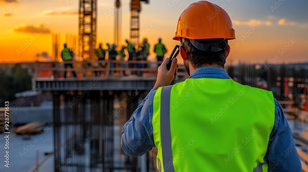 Construction worker in safety gear communicates on phone at sunset, overseeing project progress on site with team members. Construction worker in safety gear communicates on phone at sunset, overseeing project progress on site with team members.