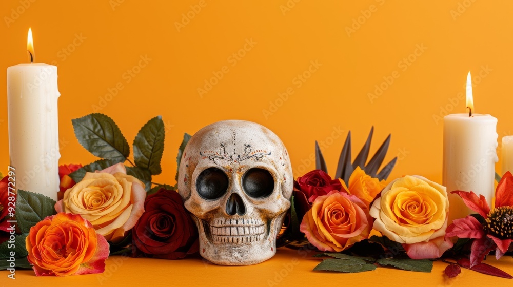 A skull is placed on a table with candles and flowers A skull is placed on a table with candles and flowers