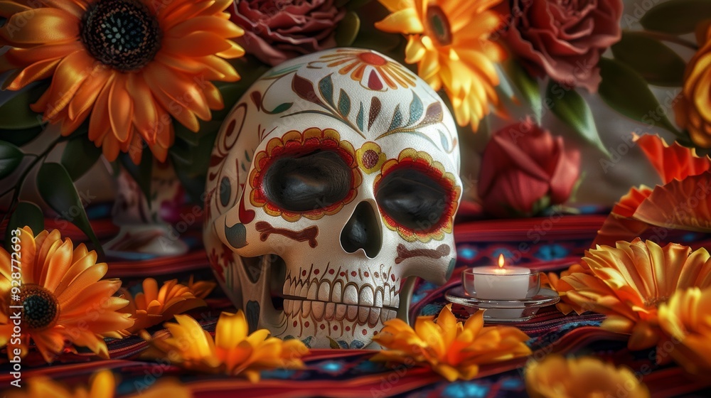 A skull is placed on a table with a candle and flowers A skull is placed on a table with a candle and flowers