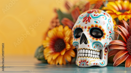 A skull is placed on a table next to a bouquet of flowers