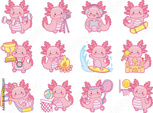 Illustration of cute axolotl activities icon.
Funny pink axolotl in daily routine stickers.