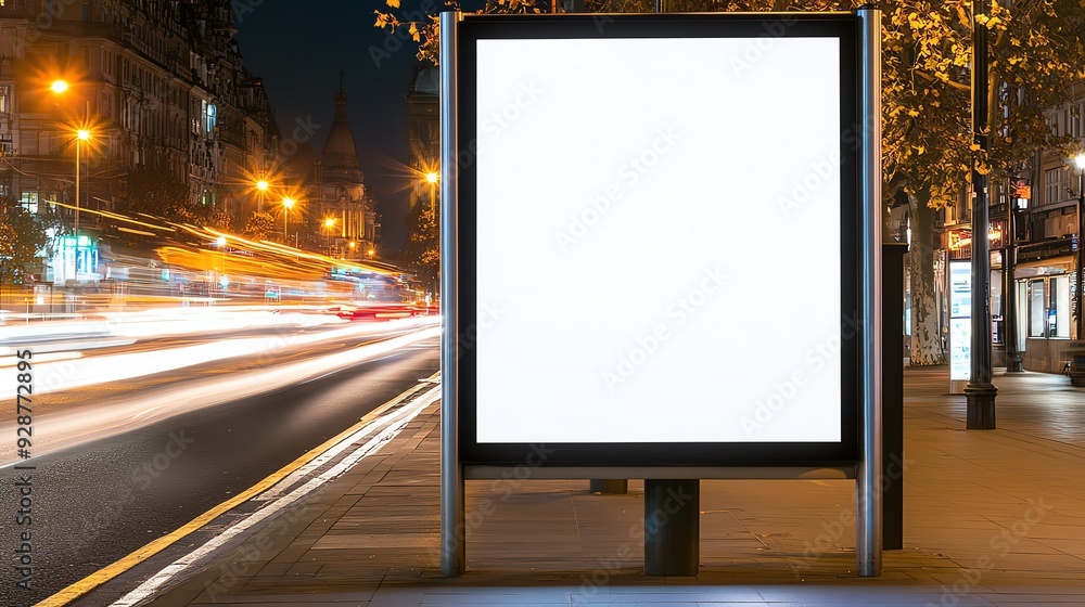 Illuminated billboard on a city street at night, surrounded by moving traffic and urban scenery. Illuminated billboard on a city street at night, surrounded by moving traffic and urban scenery.