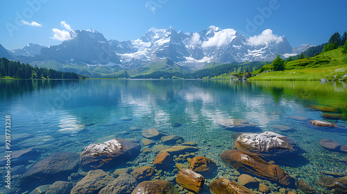 A serene lake surrounded by rocks, reflecting majestic mountains in the background under a clear blue sky. photo