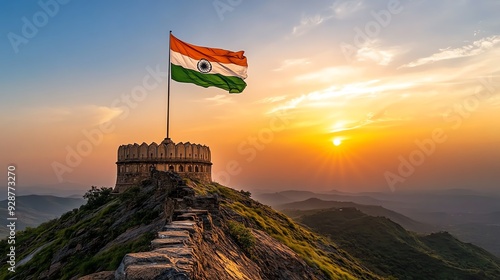 Majestic sunset over a fortress with the Indian flag waving proudly, symbolizing heritage and national pride.