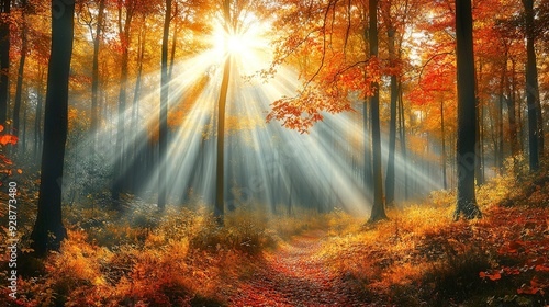 pleasant autumn sunshine in the woods a tranquil panorama view with the sun casting beautiful rays through the trees and uplifting the mood 