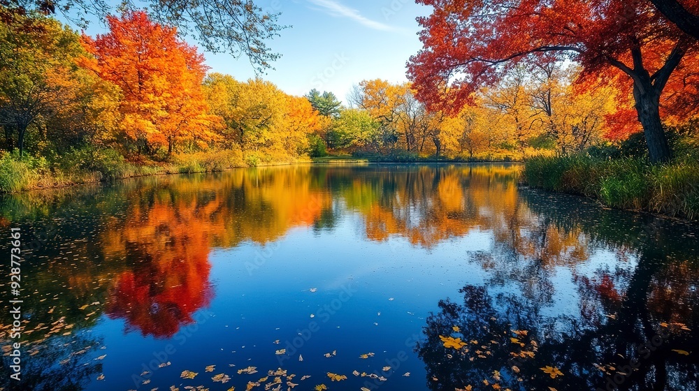 Fototapeta premium tranquil lake surrounded autumn foliage nature landscape, serene, peaceful, calm, scenic, fall, colors, water, trees, reflection, picturesque, view, idyllic