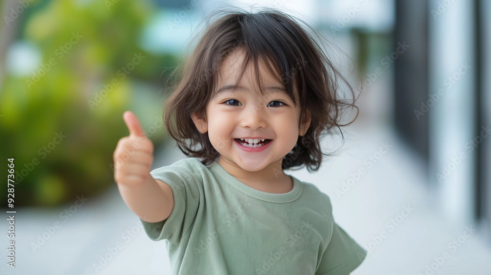 The child's cheerful mood is beautifully captured with bright eyes and a wide smile, along with a thumbs-up gesture. The child has slightly messy hair and is wearing a light green T-shirt. The child's cheerful mood is beautifully captured with bright eyes and a wide smile, along with a thumbs-up gesture. The child has slightly messy hair and is wearing a light green T-shirt.