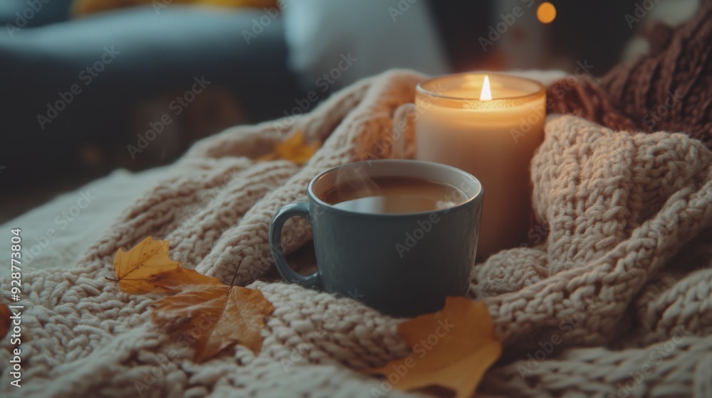 A blue mug filled with a warm beverage sits on a soft knitted blanket next to a glowing candle, surrounded by autumn leaves, creating a cozy atmosphere for relaxation. A blue mug filled with a warm beverage sits on a soft knitted blanket next to a glowing candle, surrounded by autumn leaves, creating a cozy atmosphere for relaxation.