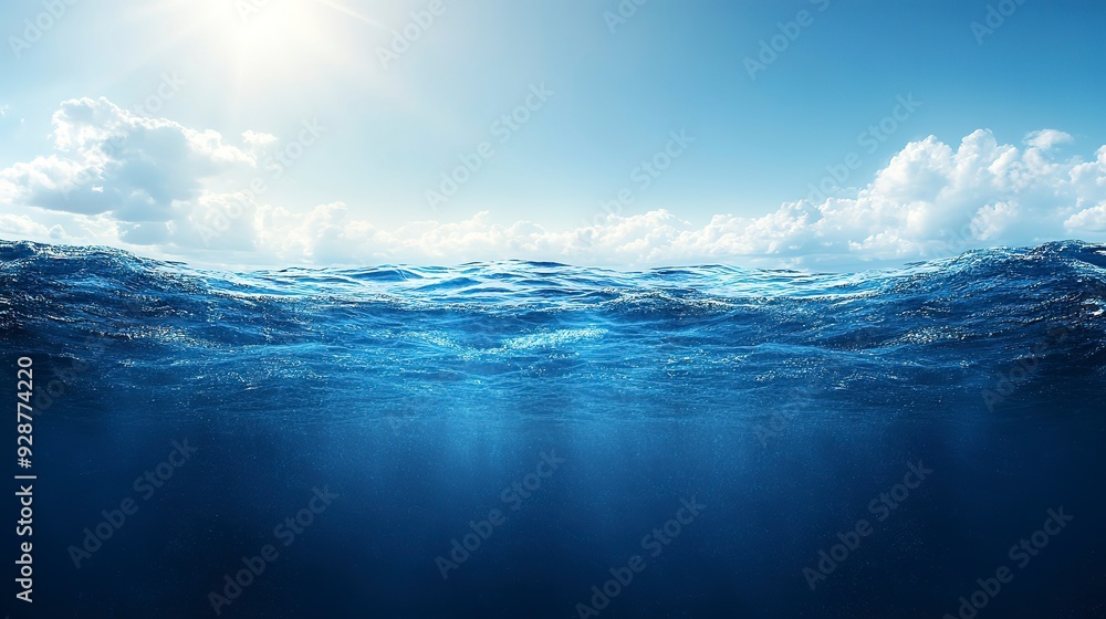 Blue water and clear sky. Cross-section of deep ocean with waves on the surface. Rays of light illuminating clear dark blue water. Marine landscape. Copy space. Blue water and clear sky. Cross-section of deep ocean with waves on the surface. Rays of light illuminating clear dark blue water. Marine landscape. Copy space.