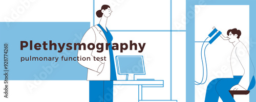 Female Medical Specialist and Male Patient Performs Whole Body Plethysmography in Medical Office or Laboratory. Black and white modern flat vector illustration. Website Banner Design Template.