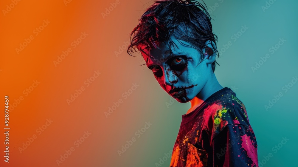 Boy in Zombie Makeup Posing Against a Gradient Background Boy in Zombie Makeup Posing Against a Gradient Background